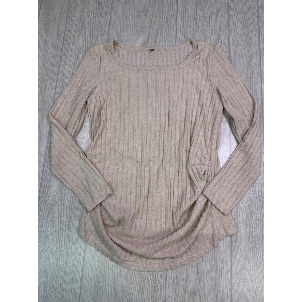 Ficerd Womens Maternity Ribbed Long Sleeve Scoop Neck Ruched Top Beige Size M
